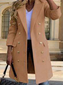 女士轻薄羊毛混纺双排扣长袖防风外套，秋冬季 - 卡其色 - 查看 3