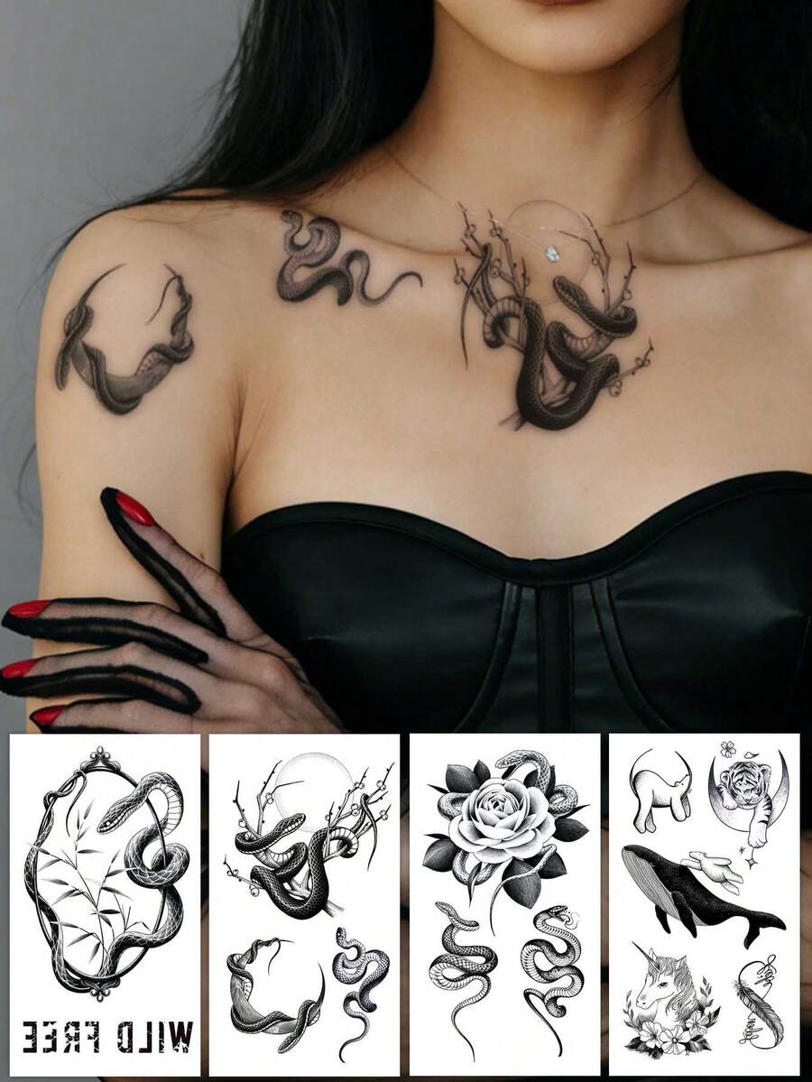 Pegatinas de tatuajes temporales con diseños de serpiente, flor y animales de la serie oscura - Hazlo tú mismo para convenciones de anime, carnavales, festivales de música, San Valentín, regalos de fiesta, tatuajes realistas impermeables para muñeca, tobillo, hombro, cuello, clavícula - Negro - Ver 1
