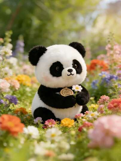 8.66英寸黑白熊猫毛绒玩具 - 采用柔软蓬松的面料制成，拥有闪亮的金色眼睛、粉嫩的腮红细节，以及饰有“LOVE”字样和可爱动物图案的圆形标签，外观十分讨喜。非常适合日常拥抱、客厅/卧室装饰、办公桌摆件，为工作增添一抹亮色。