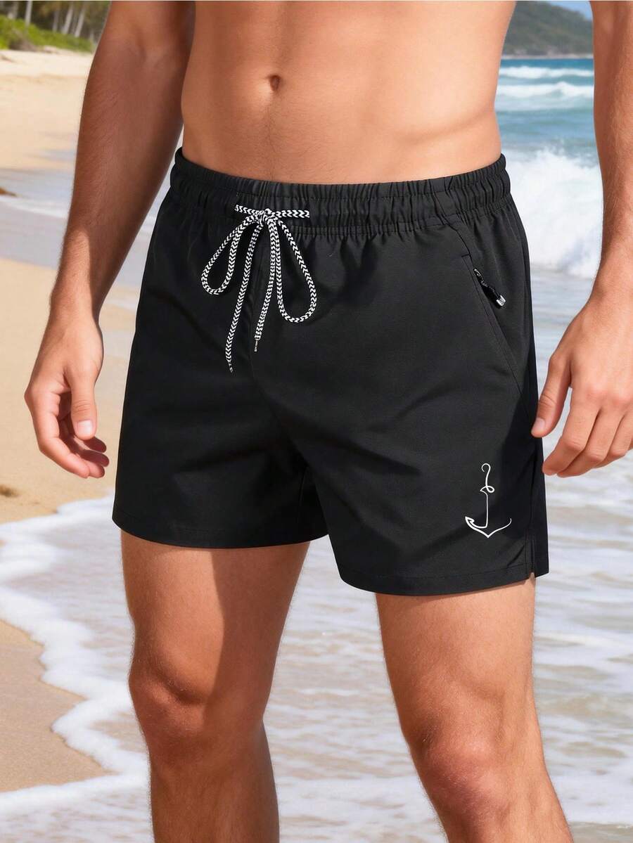 Men's Summer Quick-Dry Beach Shorts, Solid Color Drawstring Printed Bermuda Shorts, Suitable For Beach, Vacation, Outdoor, Running - Black - View 1