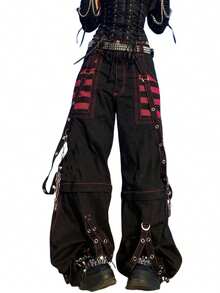 Women Cargo Jeans, Striped Zipper Button Closure Loose Casual Trousers Streetwear With Pockets - 紅色 - 查看 1