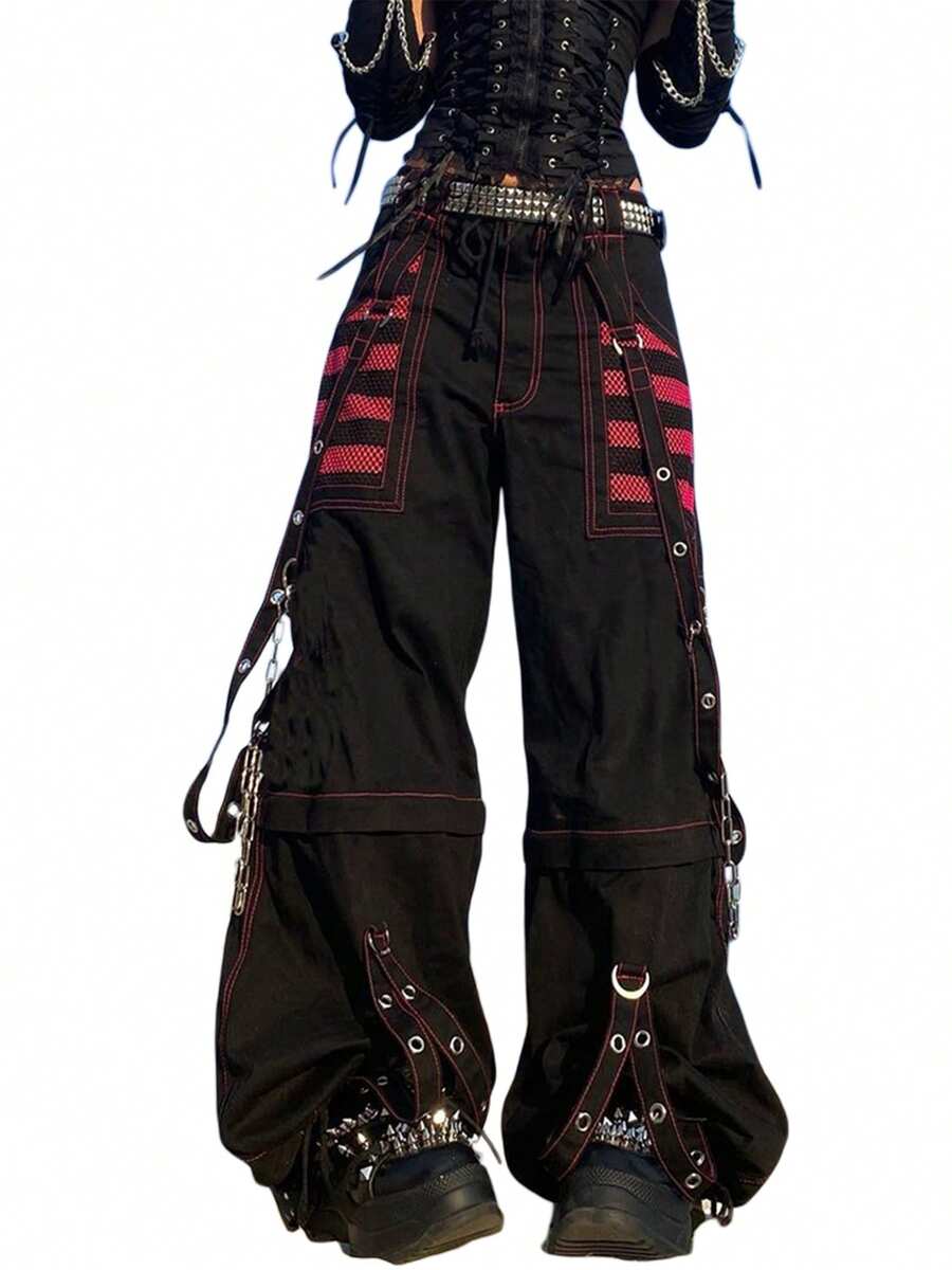 Women Cargo Jeans, Striped Zipper Button Closure Loose Casual Trousers Streetwear With Pockets - 紅色 - 查看 1