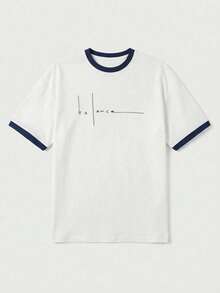 GRDR Minimalist Letter Print T-Shirt - Retro Contrast Collar Short Sleeve, Comfortable & Breathable For Summer Wear - White - View 4