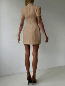 Vestido de blazer formal de negocios elegante con cintura ceñida, adecuado para uso diario, oficina, viajes de verano - Caqui - Ver 6