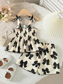 2pcs/Set Girls' Casual Outgoing Fashion Bowknot Print Contrast Color 3D Bow Design Sleeveless Top And Shorts Set, Spring/Summer - Apricot - View 2
