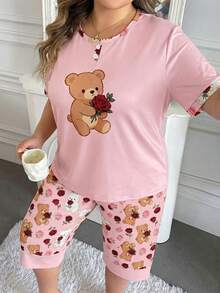 大尺碼女款時尚睡衣居家服套裝，拼接設計假鈕扣，優雅卡通熊與玫瑰圖案短袖上衣與七分褲，2件式睡衣套裝 - 粉色 - 查看 4