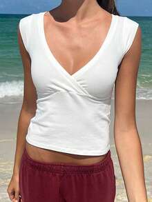 Womens Deep V Neck Tank Tops Y2k Sleeveless Going Out Crop Top Summer Stretchy Slim Fit Camisole Shirts Workout Casual Basic Tops - White - View 1
