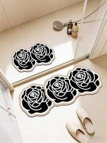 1 pieza Alfombra de baño con rosa negra, alfombra de baño, felpudo, alfombra pequeña, alfombra, alfombra de piso, decoración del hogar, alfombra de área, alfombra de exterior, decoración del hogar, alfombra de área, alfombra de dormitorio, alfombra lavable - Multicolor - Ver 3