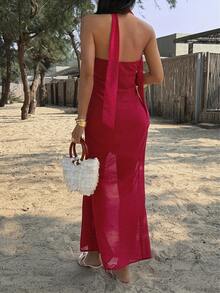 Unadoll Women's Sexy V-Neck Tie Front And Back Slit Polka Dot Fabric Elegant Dress, Suitable For Dates, Vacations, Outings, Valentine's Day, Dinners, Birthday Parties And Other Occasions - Red - View 2