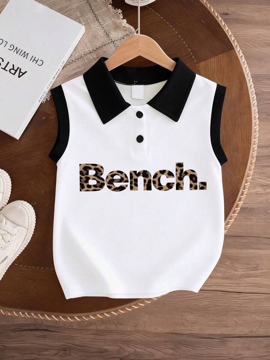 1pc Girls Casual Vest Leopard Letter Print Polo Girls' Vest Sleeveless T-Shirt Young Girl Clothes Girls Summer New Top - Multicolor - View 1