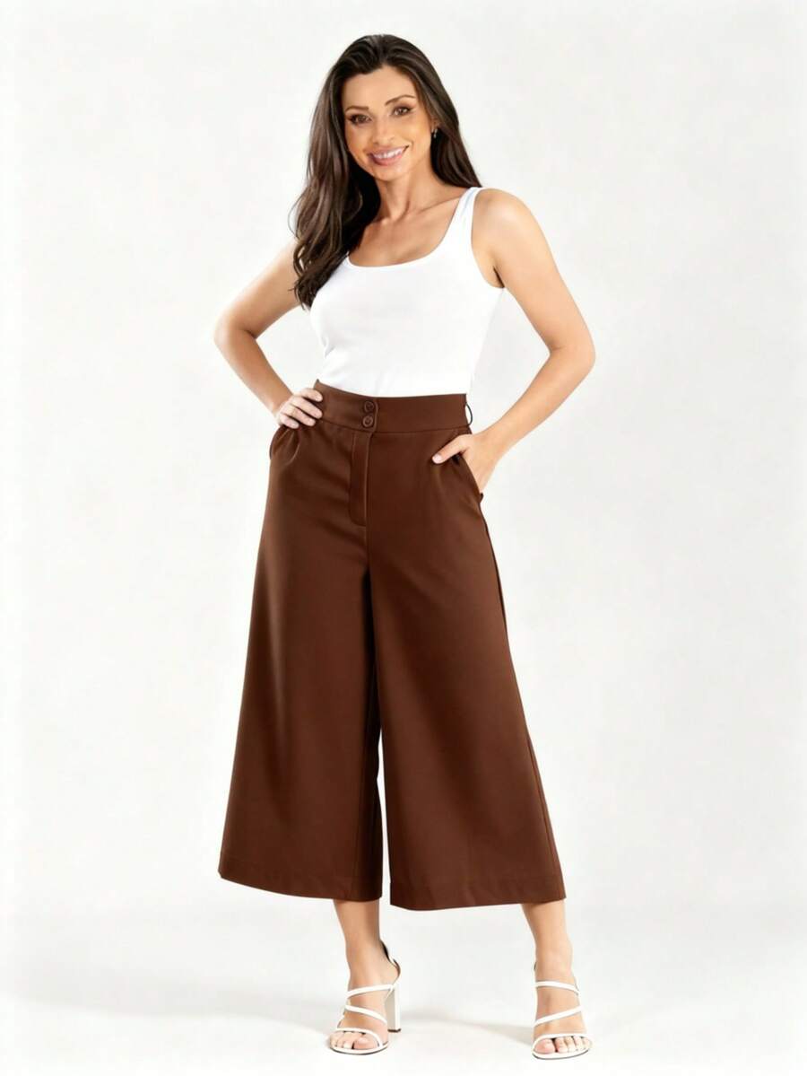 Women's Linen Capri Midi Pantacourt Trousers With Buttons, Wide Leg, Flare, High Waist, Casual Style - Rust Brown - View 1