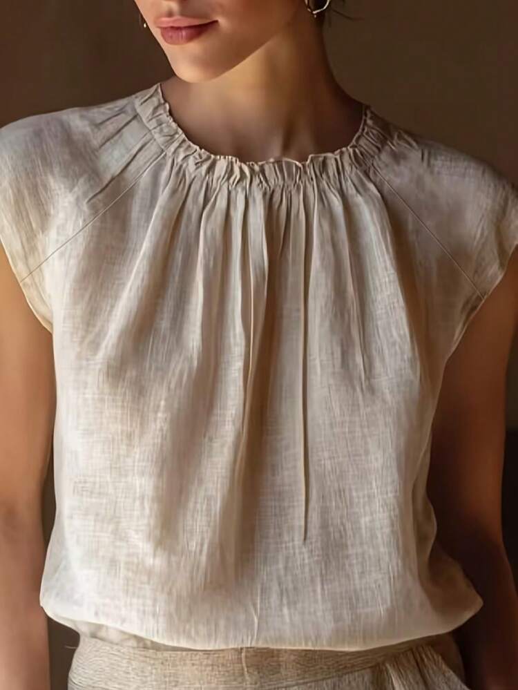 Camisa casual de verano para mujer, diseño de manga raglán con cuello redondo y pliegues, blusa versátil y de moda para el día a día, vacaciones y playa - Albaricoque - Añade 1