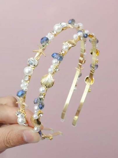 1pc Starfish Headband, Ocean Style Headband, Constellation Seashell Hair Accessory, Handmade Personalized Pearl Crystal Hair Hoop Decoration