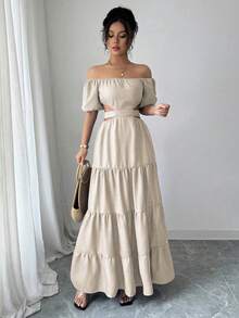 Vestido con hombros descubiertos, cintura hueca, volantes en el bajo - Albaricoque - Ver 2
