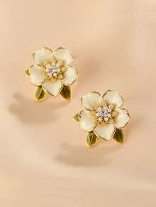 1pair Fashion Zinc Alloy Faux Pearl & Rhinestone Decor Flower Stud Earrings For Women For Daily Decoration Valentines,Mom,Mother,Mother's Day,Gift - White - View 2