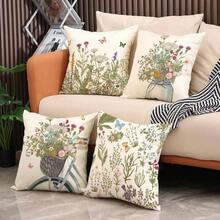 4 PIEZAS Funda de almohada de primavera con diseño de plantas verdes y flores, funda decorativa cuadrada de lino con estilo rústico para cojín de sofá y cama de uso doméstico, de un solo lado, sin incluir la almohada - Verde Pastel - Ver 6