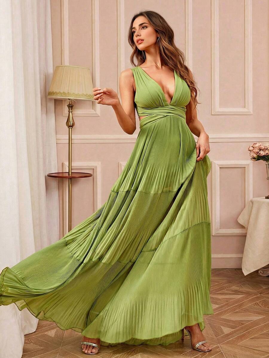 Elegant Sleeveless Deep V-Neck Chiffon Bridesmaid Maxi Dress, Pleated Layered Design, Backless Style - Green - View 1