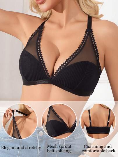 Women's Mesh Patchwork Bralette, French Elegant & Comfortable (Unlined)