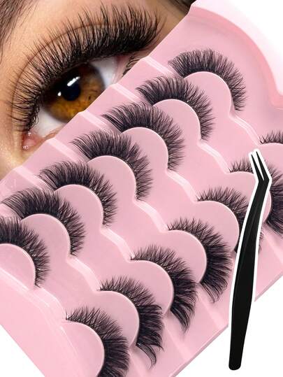 7 Pairs Of Natural Fluffy False Eyelashes Tweezers Included Naturally Extend The End Of The Eye Beautiful False Eyelashes Thick Reusable Easy To Wear Beginner-Friendly And Suitable For Beauty Lovers