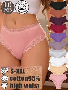 10pcs Women's Cotton Lace-Panel Comfortable Breathable High-Waisted Sexy Thongs, Plus Size Women's Underwear S-XXL - 彩色 - 查看 1