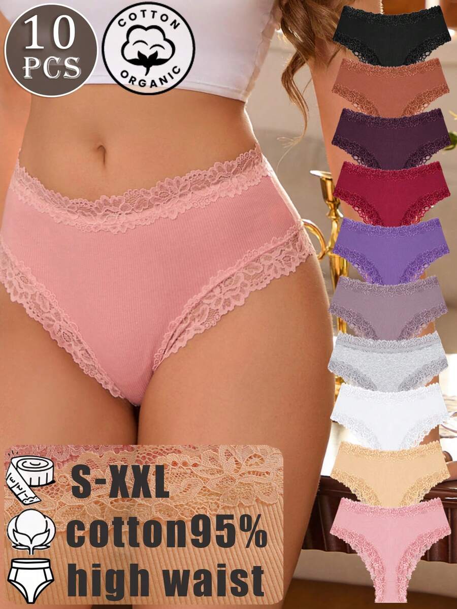 10pcs Women's Cotton Lace-Panel Comfortable Breathable High-Waisted Sexy Thongs, Plus Size Women's Underwear S-XXL - 彩色 - 查看 1