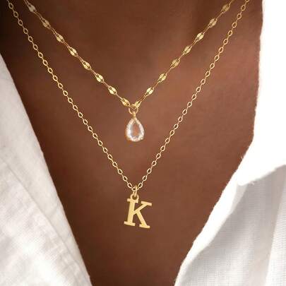 2件套新款时尚字母水滴吊坠金色不锈钢链多层项链，女士款