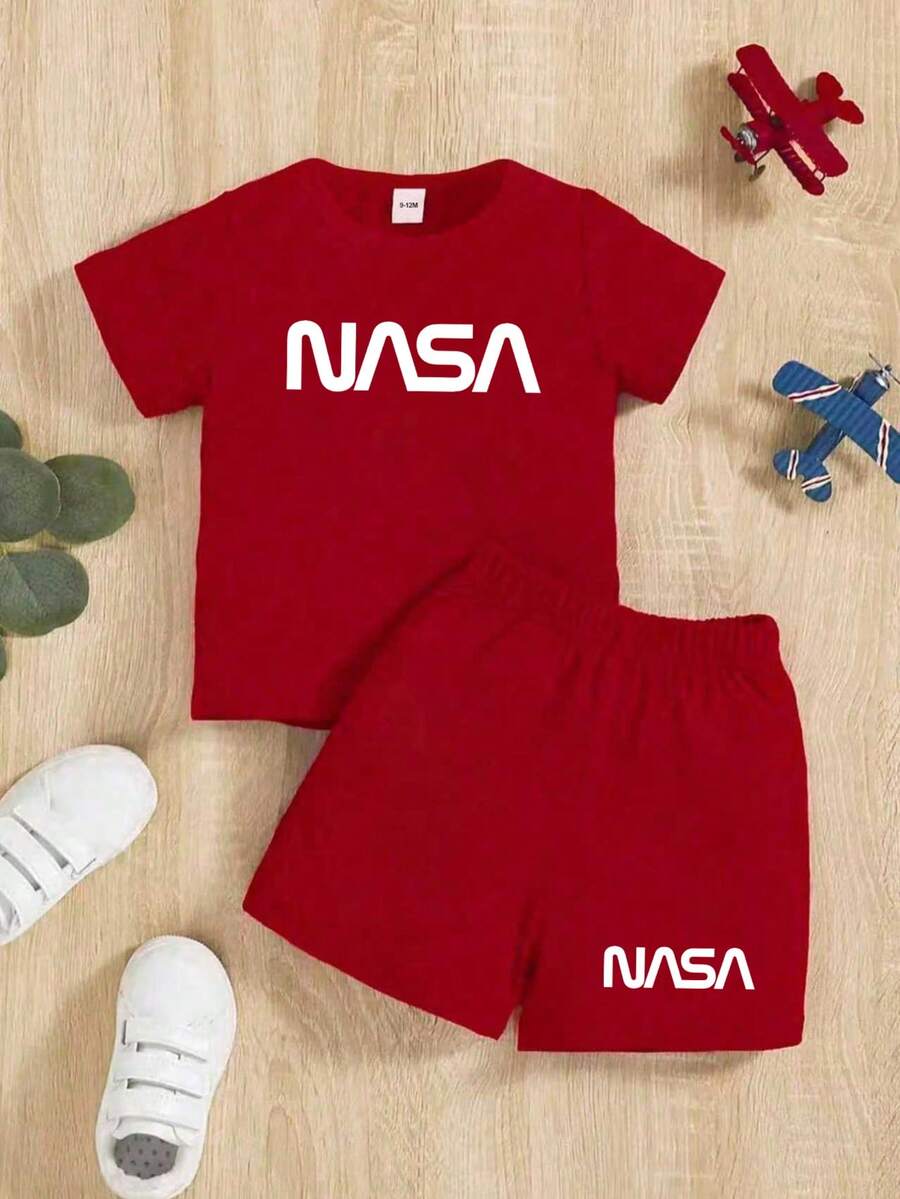 2pcs Baby Boy Letter Print Short Sleeve T-Shirt And Shorts Set - Red - View 1