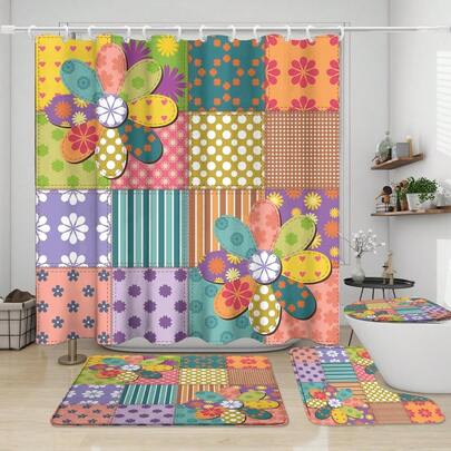 1pc/3pcs/4pcs Cartoon Flower Splicing Shower Curtain Set, Toilet Seat Bath Mat Floor Mat Set, Abstract Flower Grid Splicing Shower Curtain, Perfect For Bathroom Decoration, Universal Room Decoration, Home Decoration Set, Bathroom Accessories Bath Curtain Toilet Side Floor Mat Shower Curtain Set