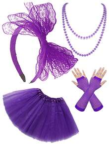 Bộ 4 món D EXCEED dành cho nữ: Váy tutu xếp lớp bằng vải tuyn, băng đô ren, vòng cổ neon và găng tay lưới hở ngón, thích hợp cho tiệc tùng thập niên 80, phong cách retro thập niên 80, trang phục lễ hội và thời trang hàng ngày. - Nhiều màu - Xem 2