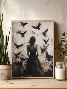 1pc Gothic Dark Woman Silhouette With Witchy Ravens Print, Moody Forest Decor, Festival Gift,Suitable For Bedroom,Living Room,Apartment,Wall Arts,Wall Decor,Home Decor,Room Decor, Canvas Wall Art, Posters, Wall Art With Frame, Optional Frame ﻿ ﻿ - A - View 1