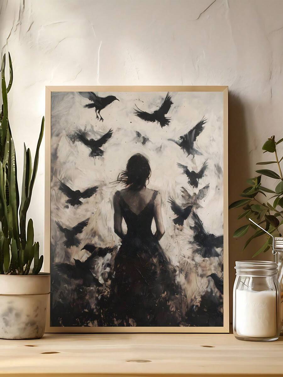 1pc Gothic Dark Woman Silhouette With Witchy Ravens Print, Moody Forest Decor, Festival Gift,Suitable For Bedroom,Living Room,Apartment,Wall Arts,Wall Decor,Home Decor,Room Decor, Canvas Wall Art, Posters, Wall Art With Frame, Optional Frame - A - View 1