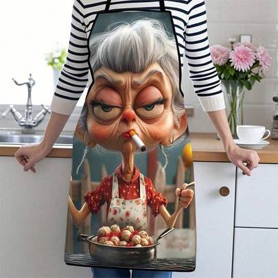 1pc Apron With Playful And Humorous Old Lady Pattern, Suitable For Men And Women In Home Kitchens, Grandmother Pattern Print Suitable For Outdoor Kitchens In Homes