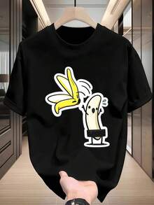 Maglietta con grafica divertente di banane in morbido cotone, vestibilità comoda, vestibilità comoda, street hip-hop, stampa artistica - nero - Visualizzare 2
