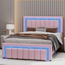 Bedroom Furniture, LED Bed Frame With Velvet Upholstered Headboard, Queen Bed Frame With Modern Diamond Headboard Adjustable, Bedroom Deccor, No Box Spring Needed, Easy Assembly, (USB LED Strip) - Pink - View 11