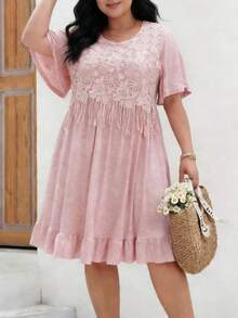 女士优雅波西米亚风蕾丝拼接连衣裙，春秋季 - 粉色 - 查看 1