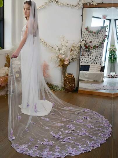 1pc Romantic Purple 3D Floral Decor Bridal Veil, Delicate Embroidery Suitable For Wedding Dress