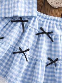 Bộ 2 món gồm áo vest không tay kẻ caro thắt nơ kiểu Pháp thanh lịch và chân váy xếp tầng cho bé gái. - Màu xanh nhạt - Xem 6