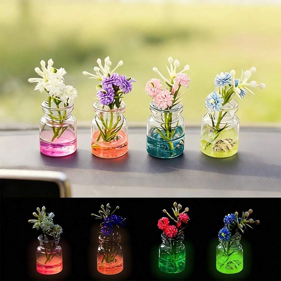 3/6/10pcs Mini Floral Rearview Mirror Dashboard Decor, Cute Car Accessories For Women, Car Interior Aesthetics, Lovely Vase Decor For Home Office, Luminous Resin Mini Vase Set, Random Mixed Cute Mini Flower Bottles With Artificial Flowers, Hexagonal Desktop Decor, Colorful Glow-In-The-Dark Ornaments For Home Car Party, No Power Needed, Creative Car Interior Decor, Aesthetic Home Decor Gift For Girls