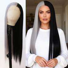 ZigZag Hair 合成蕾丝前假发，一半黑色一半酒红色长直发 - 预先拔毛的自然发际线，耐热纤维高温丝假发，男女通用，适合日常佩戴和角色扮演 - 彩色 - 查看 9