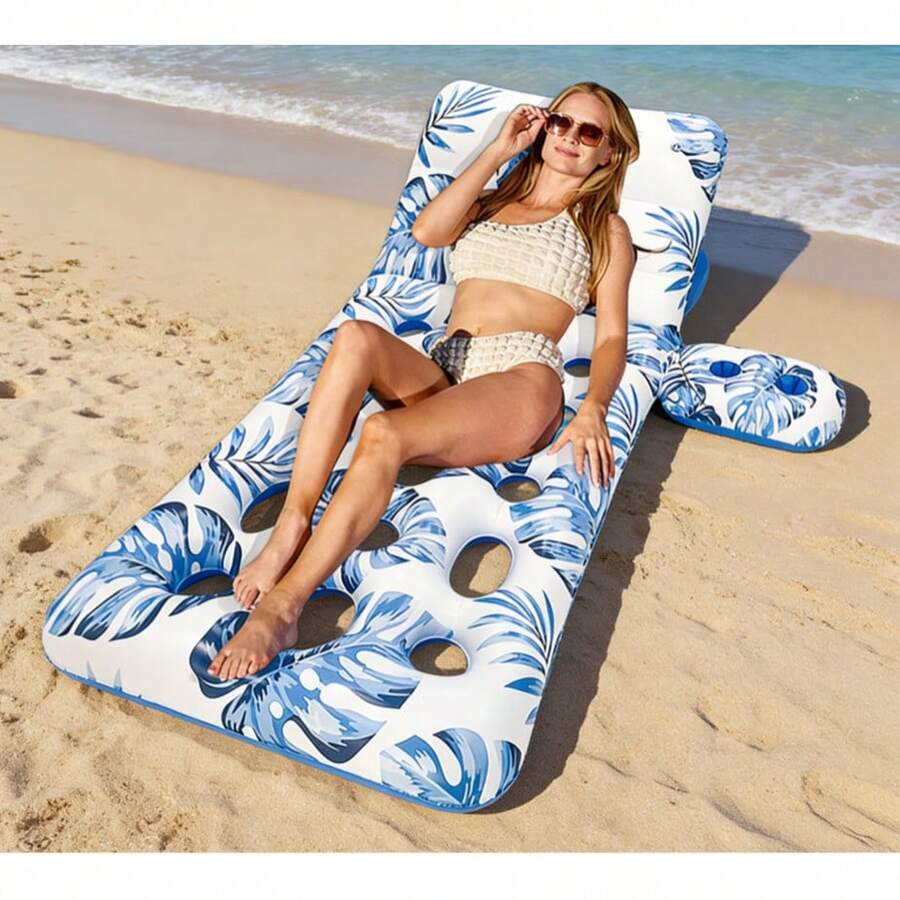 1pc Adult Inflatable Pool Float - Floating Pool Lounge Chair With Adjustable Backrest And Cup Holder, Water Floating Device, Lake Leisure Sunbathing Float, Beach Party Toy - Blue-1Pc - View 1