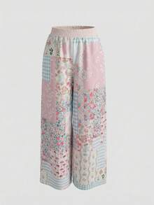 Women's Floral Patchwork Palazzo Pants: High Waisted Boho Cotton Blend Trousers With Rose & Gingham Print For Garden Parties, Spring Vacations & Summer Street Style. - 混合色1 - 查看 2