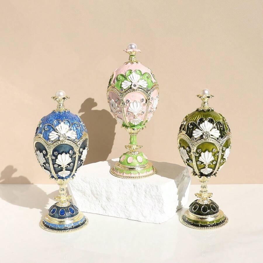 SIQIZHOU 1个椭圆形花朵复活节彩蛋珐琅首饰盒,欧式俄罗斯珐琅复活节礼品首饰盒,耳环、戒指、项链收纳盒,复古珐琅复活节彩蛋首饰盒,串珠复活节装饰品,婚礼纪念品和装饰品 - 蛋 - 查看 1