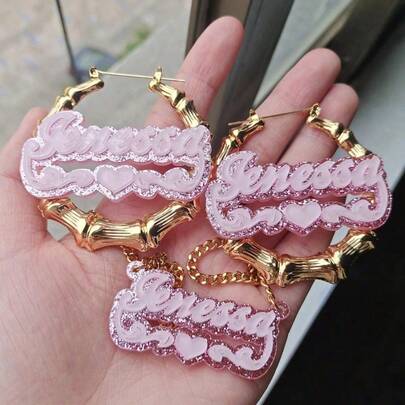 Customized Acrylic Name Pendant Necklace And Earrings, Set With Heart-Shaped Pendant, Personalized English Letters, Suitable For Birthdays And Couples To Wear, Elegant Retro Style Bamboo Pattern Design Ring, Cuban Chain, Suitable For Party Gifting