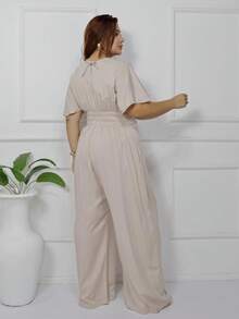 Women's Plus Size Plain Long Jumpsuit, Wide Leg, Short Sleeve, V-Neck, Ruched Front, Comfortable - 米色 - 查看 7