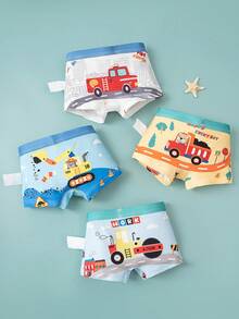4pcs/Pack Boys' Cartoon Truck Print Breathable Elastic Comfortable Boxer Briefs - Multicolor - View 1