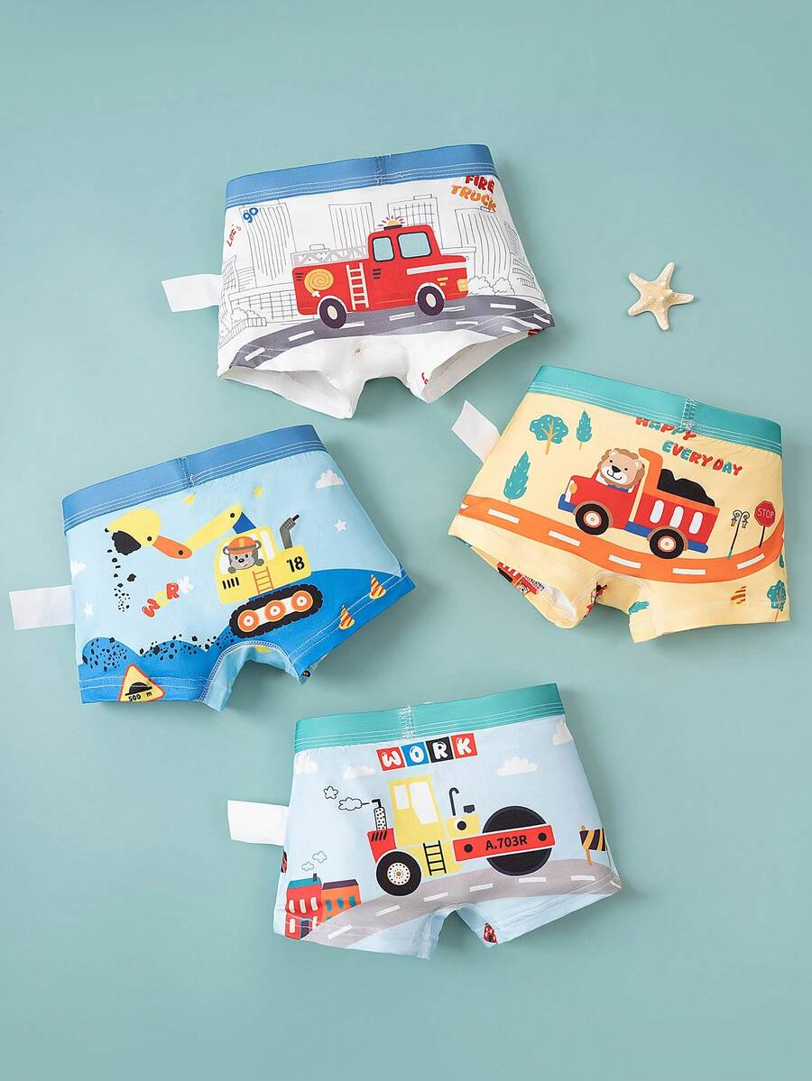 4pcs/Pack Boys' Cartoon Truck Print Breathable Elastic Comfortable Boxer Briefs - Multicolor - View 1