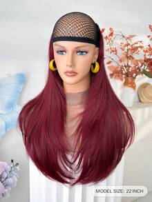 22英寸酒红色V形耐热合成纤维发夹，适合女性在圣诞节、万圣节、音乐节、派对和日常使用。 - 酒紅色 - 查看 3