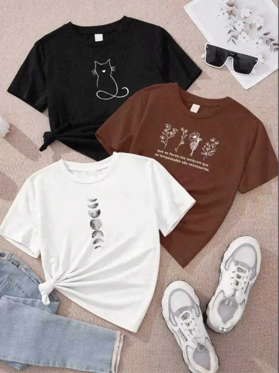 Kit 3 Camisetas Femininas Blusas T-Shirts Multiplas Estampas Lua, Gatinho, Flores Marrom Preta Branca 100% Algodão - Multicolorido - Visão 1