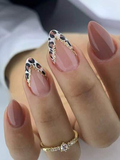 30pcs Almond Glossy French Leopard Print Reusable Press-On Nails, With 1pc Jelly Gel And 1pc Nail File. Suitable For Women's Daily Wear, Dates And Other Occasions Nail Supplies