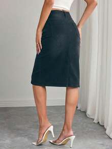 Women's Pocketed Straight Casual Versatile Denim Midi Skirt - Black - View 2